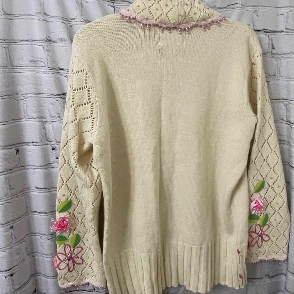 Vintage HSN Storybook Knits Ivory Sweater Jacket Floral with Beading Size Medium - Picture 5 of 7